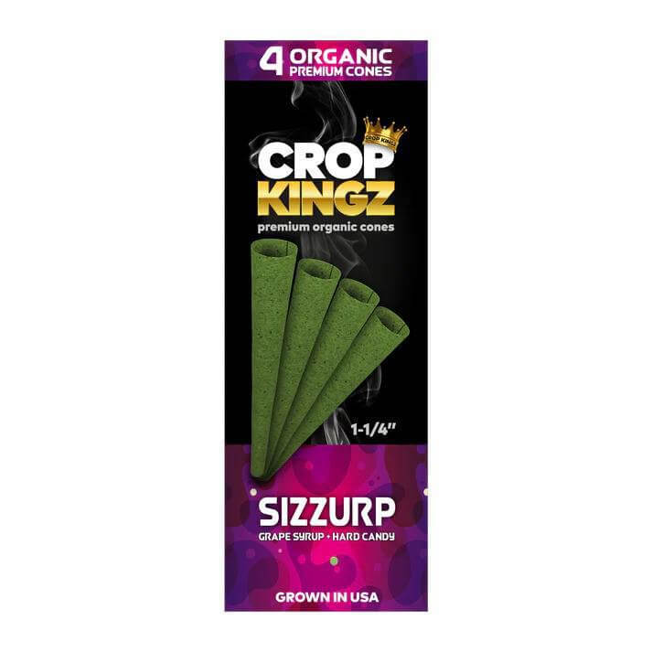 Crop Kingz Organic Hemp Cones Sizzurp flavor in 1 1/4 size, pack of 4 for a premium smoking experience.