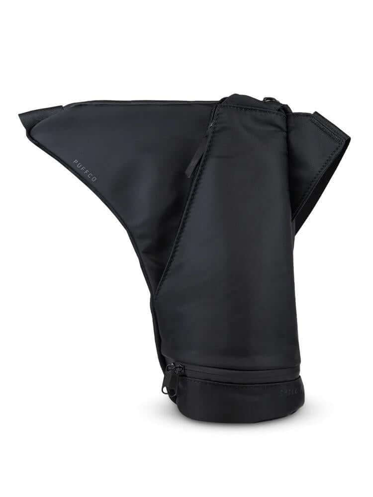 Puffco Journey Bag showcasing a sleek black design, featuring multiple zippered pockets and adjustable strap.