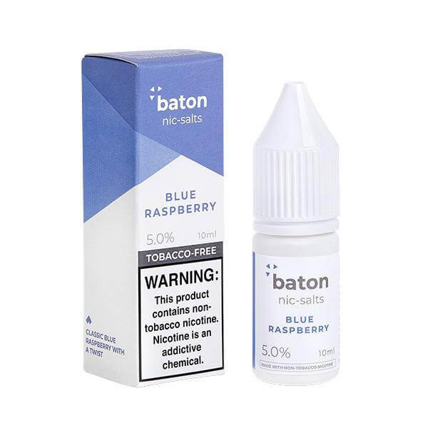 Baton Salts 10ml Blue Raspberry Nicotine Salt E-Liquid, 5% strength, tobacco-free, packaging and bottle displayed.