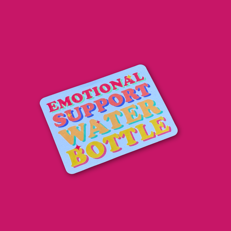 Colorful BBB Sticker | Emotional Support Water Bottle on a vibrant pink background.