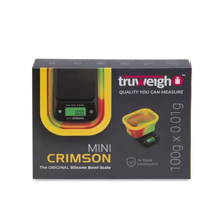 Truweigh Mini Crimson Digital Silicone Bowl Scale packaging with vibrant colors and compact design, ideal for precision measurements.