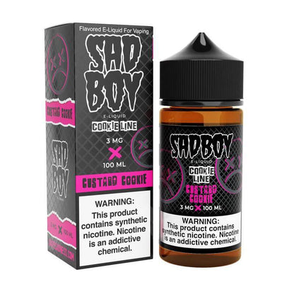 Sad Boy 100ml Custard Cookie e-liquid bottle and packaging for sub-ohm vaping with rich, bold flavors.