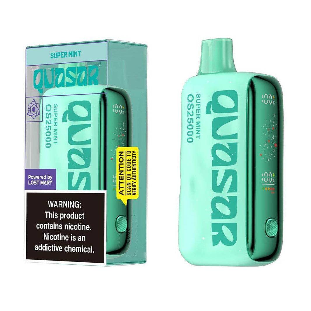 Quasar OS25000 Super Mint vape device in turquoise packaging, labeled with warning and nicotine information.