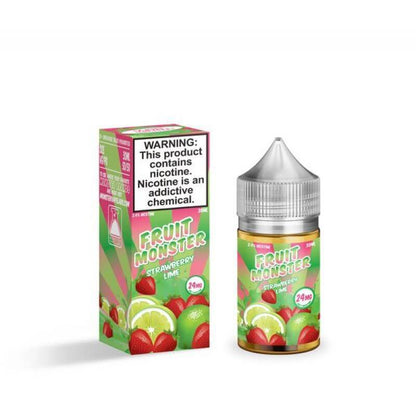 Fruit Monster Salt Nic E-Liquid 30ml bottle with Strawberry Lime flavor and box, ideal for vaping enthusiasts.