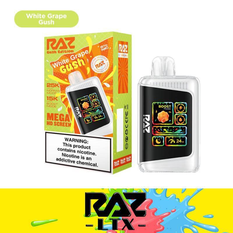 Raz Gush Edition White Grape Disposable Vape with 25K puffs and vibrant design, featuring Mega HD screen and warning label.