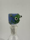 14mm frog bowl piece by Lamp Dancer, featuring a playful green frog atop a blue glass slide.