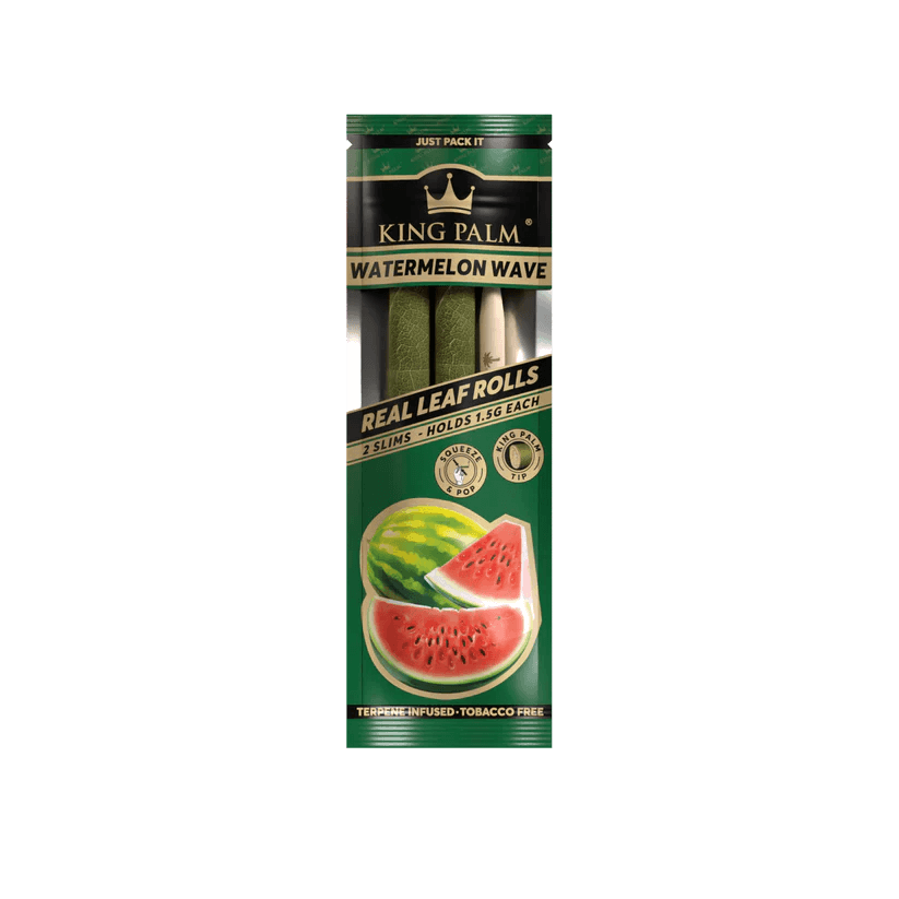 King Palm Watermelon Wave Real Leaf Rolls pack featuring two slim, tobacco-free cones with watermelon design.