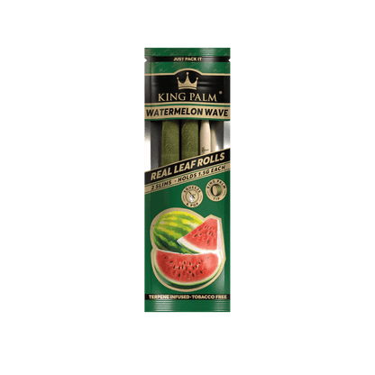 King Palm Watermelon Wave Real Leaf Rolls pack featuring two slim, tobacco-free cones with watermelon design.