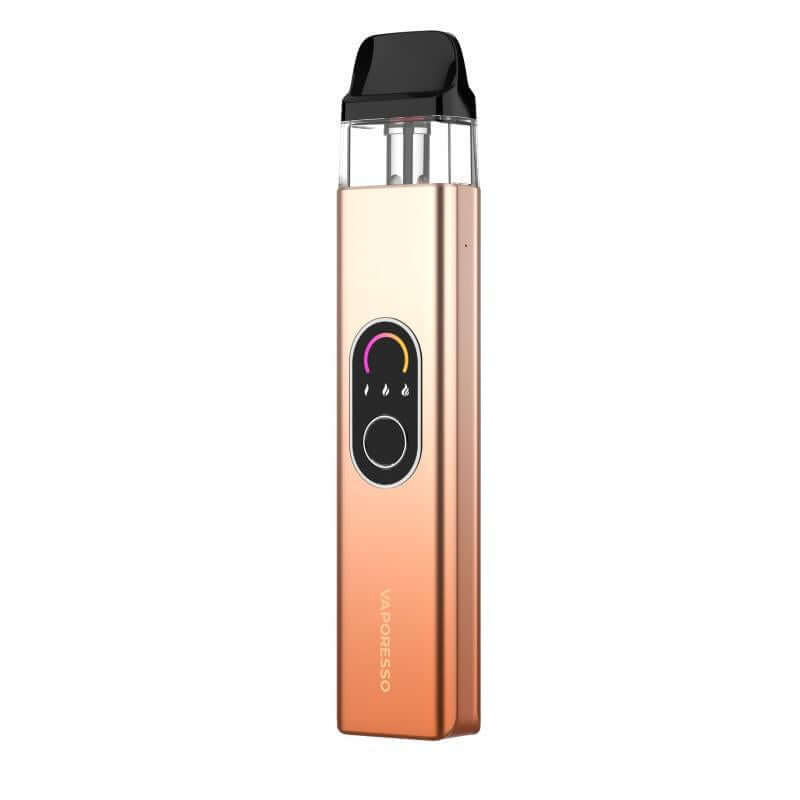 Vaporesso XROS 4 vape device showcasing elegant design and advanced features like COREX 2.0 Technology and adjustable output modes.