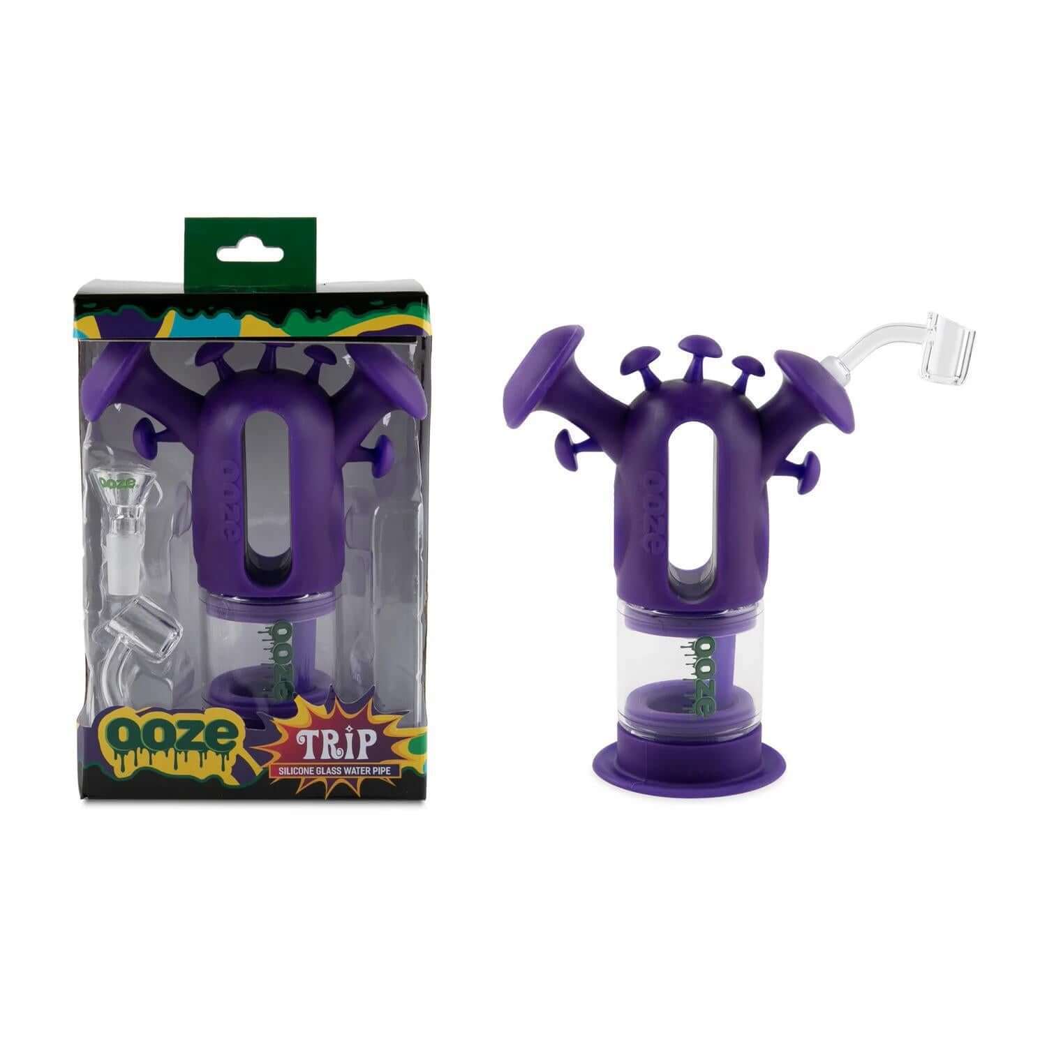 Ooze Trip Pipe Silicone Water Bubbler & Dab Rig in purple with mushroom design for versatile dabbing and smoking.