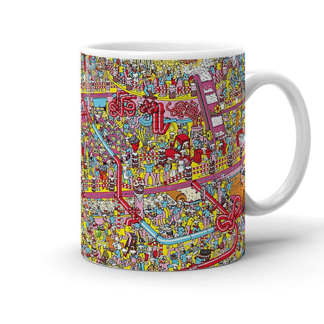 GSN 11oz Mug - Where's Waldo? Cake Factory design features colorful, chaotic cake factory scene with hidden characters.