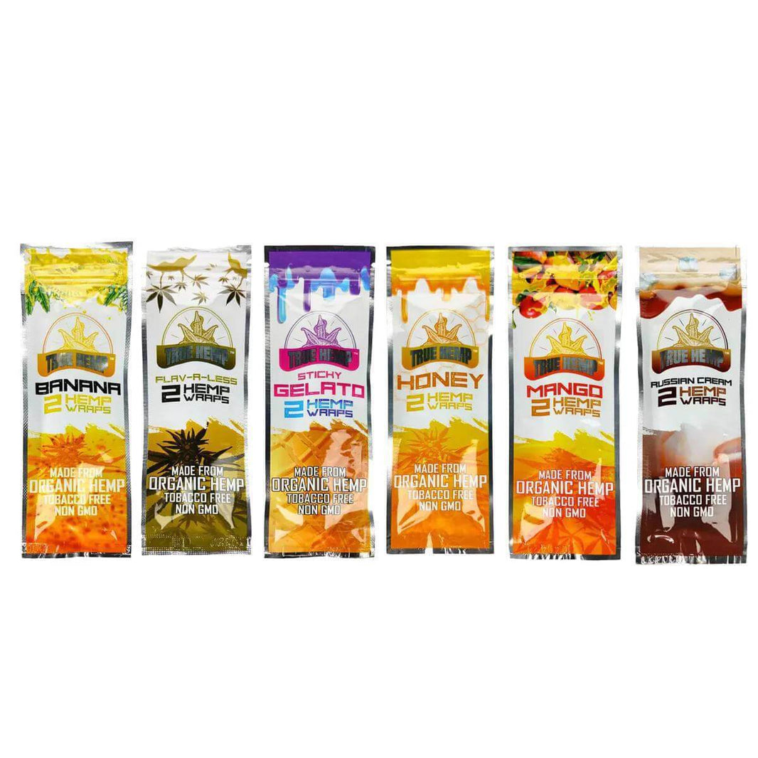 True Hemp Wraps 2pc variety pack with flavors: Banana, Gelato, Honey, Mango, and Creams.