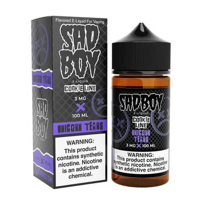 Sad Boy 100ml e-liquid with Unicorn Tears flavor, highlighting the vibrant packaging and warning about synthetic nicotine.