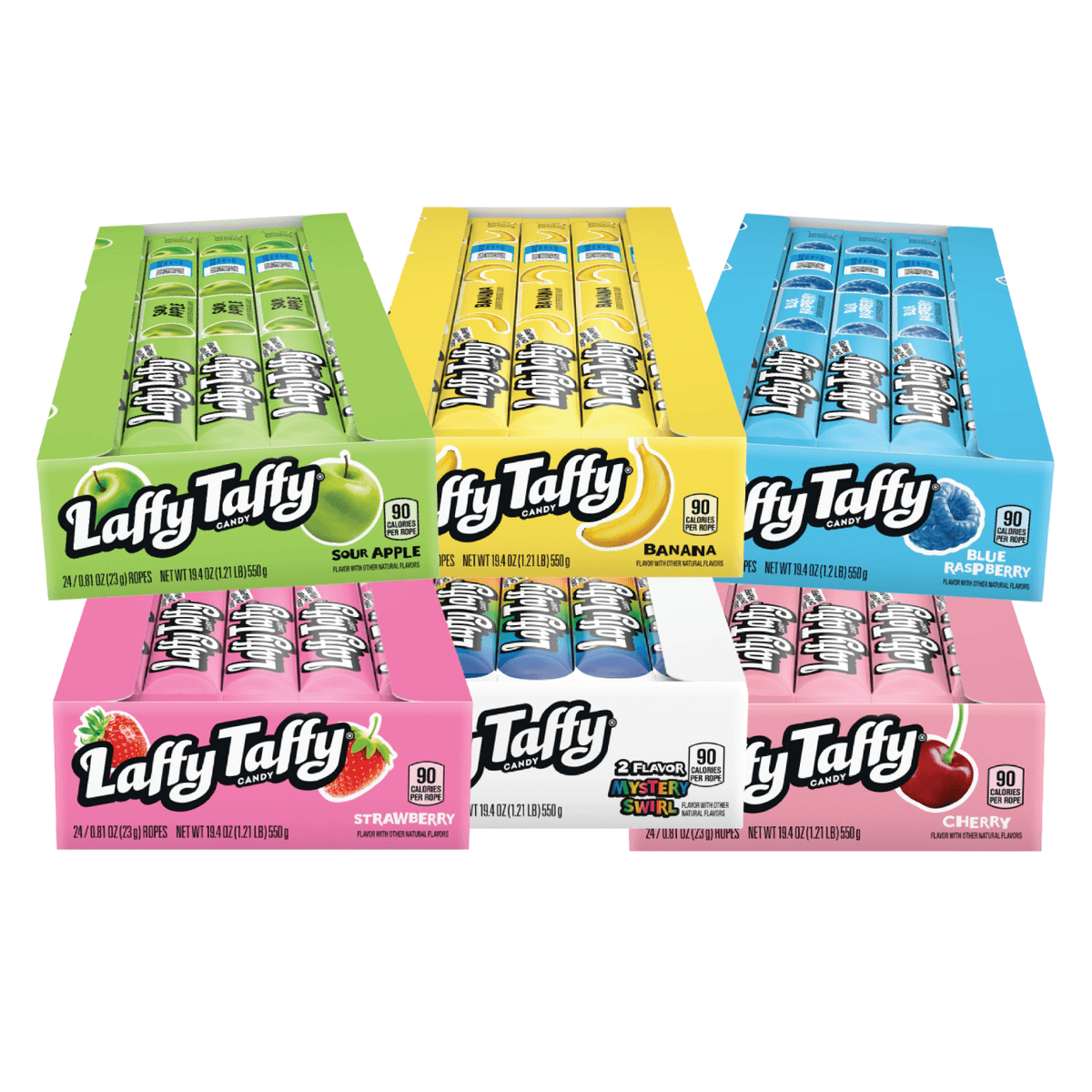 Colorful Laffy Taffy Ropes boxes in various flavors: Sour Apple, Banana, Blue Raspberry, Strawberry, and Cherry.