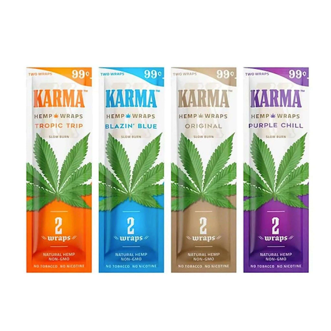 Karma Hemp Wraps 2pc in Tropic Trip, Blazin' Blue, Original, Purple Chill flavors showcasing premium natural hemp.