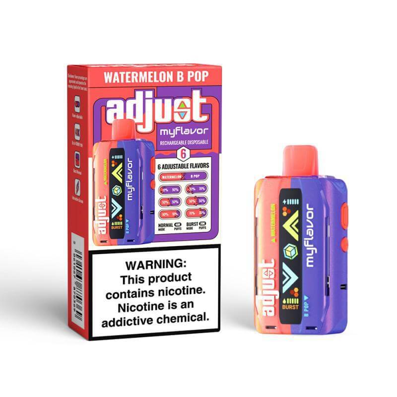 Adjust MyFlavor Disposable Nicotine Vape in Watermelon flavor with customizable settings and warning label.