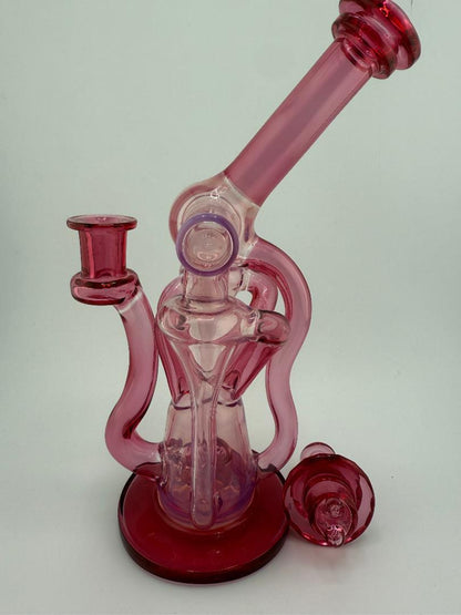 Domer Glass Double Drain Quad Uptake W/ Bubble Dumper Golden Ruby / Telemagenta 10mm Recycler