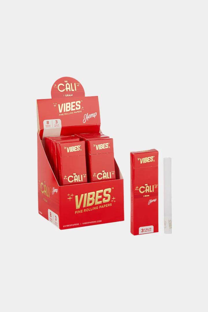 Vibes Cali 1g Cone 3-pack display with red packaging for lightweight rolling papers.