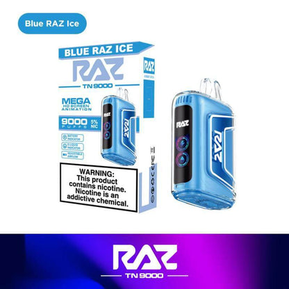 Raz TN9000 Blue Raz Ice Disposable Vape features 9000 puffs, 5% nicotine, and sleek modern packaging.