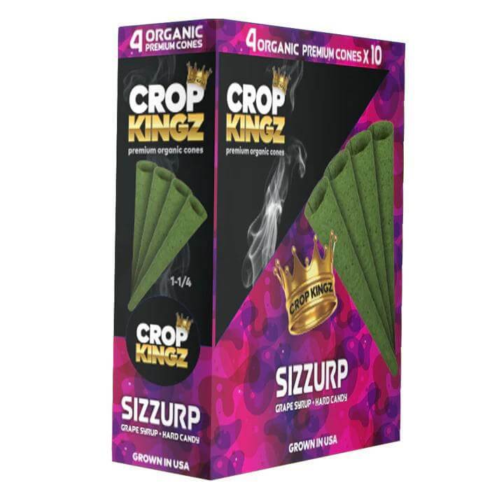 Crop Kingz Sizzurp Organic Hemp Cones 1 1/4 Size, 4 premium cones in vibrant packaging, ideal for quality smoking sessions.