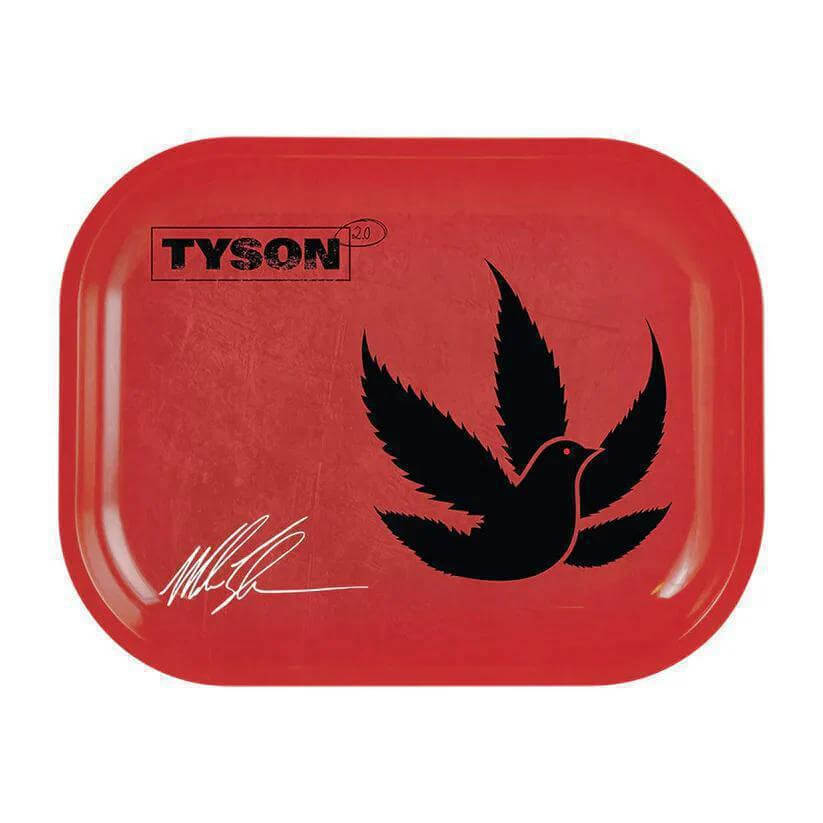 Mike Tyson small rolling tray featuring a black bird design on a vibrant red background, measuring 10.5" x 6.5".