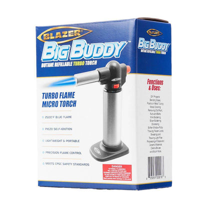 Blazer Big Buddy Butane Torch packaging showcasing turbo flame features and portable design for professional and home use.