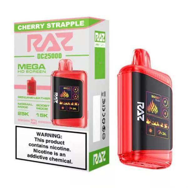 Raz 25 Disposable Nicotine Vape featuring Cherry Strapple flavor and Mega HD screen design.