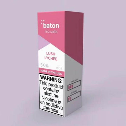 Baton Salts 10ml Lush Lychee Nicotine Salt E-Liquid with warning label and 5% strength.