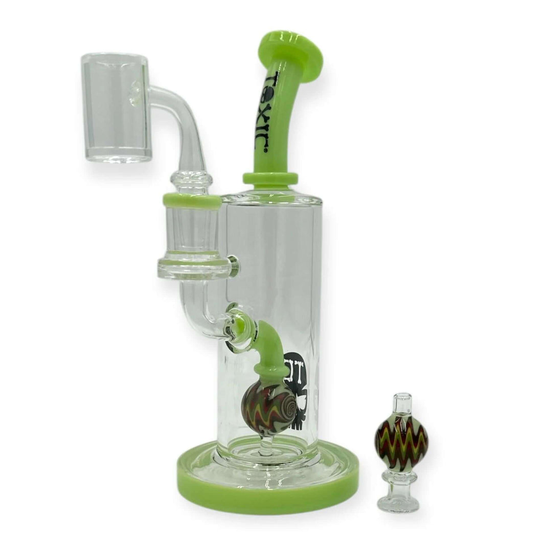 Toxic Glass Wig Wag Reactor Rig TX22 with intricate percolator and matching carb cap, 7 inches tall.