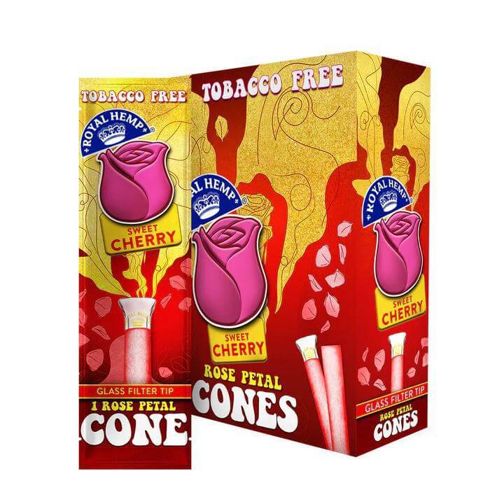 Blunts N Roses tobacco-free rose petal cones with cherry flavor, featuring glass filter tip, showcasing vibrant packaging.