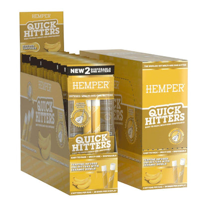 Hemper QuickHitters display box featuring flavor-infused disposable one hitters for enhanced smoking experience.