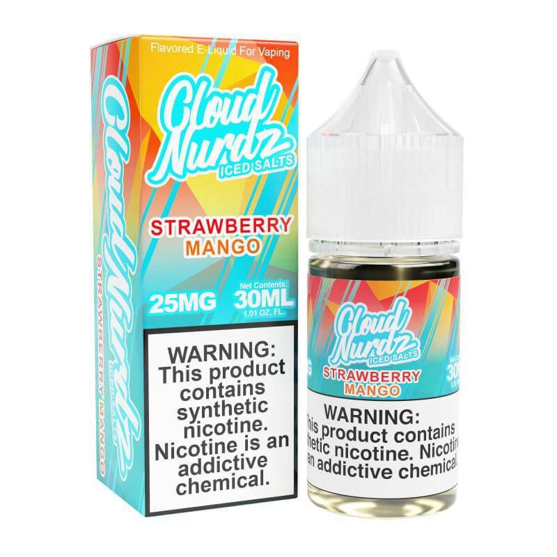 Cloud Nurdz Iced Strawberry Mango e-liquid 30ml with synthetic nicotine, bold flavor, and icy refreshment.