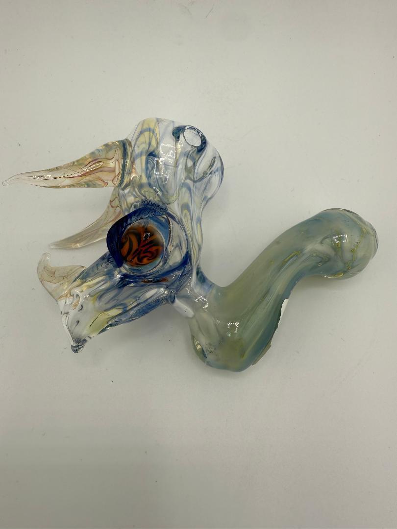 Handmade Tuck Glass Triceratops Sherlock Pipe with unique design and exceptional craftsmanship from Spokane, WA.