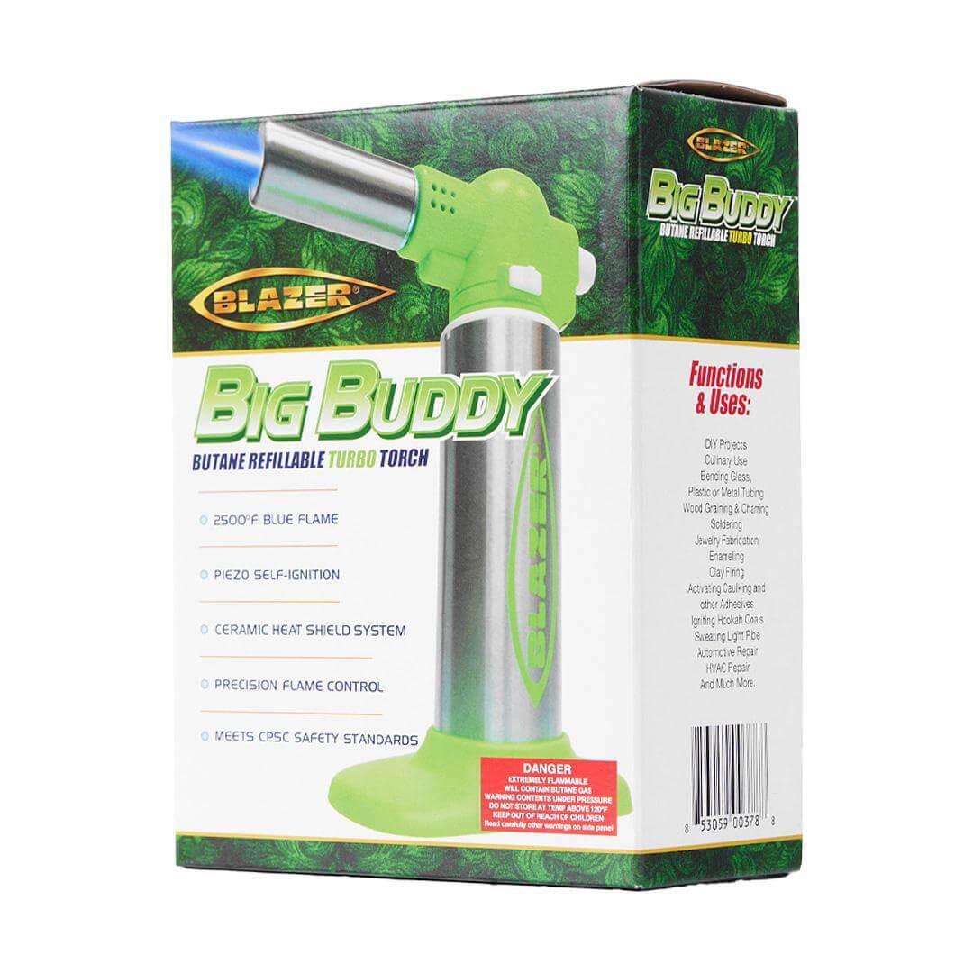 Blazer Big Buddy Butane Torch with green design, features a precision flame control and ceramic heat shield system.