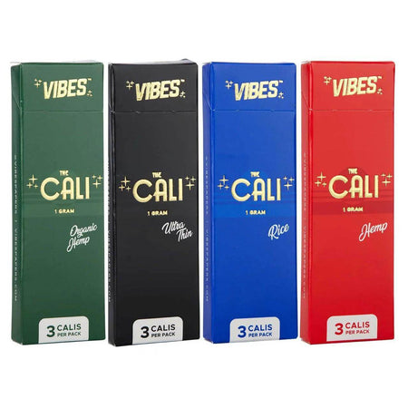 Vibes Cali 1g cones pack featuring Organic Hemp, Ultra Thin, Rice, and Hemp varieties for a premium smoking experience.