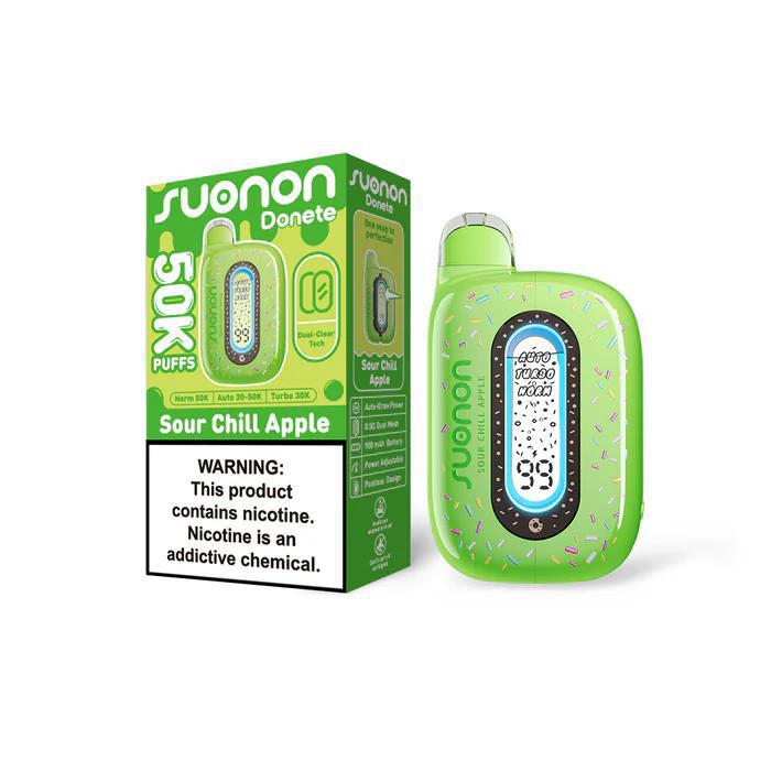 Suonon Donete 50k Disposable Vape in Sour Chill Apple flavor with vibrant packaging and puff counter.