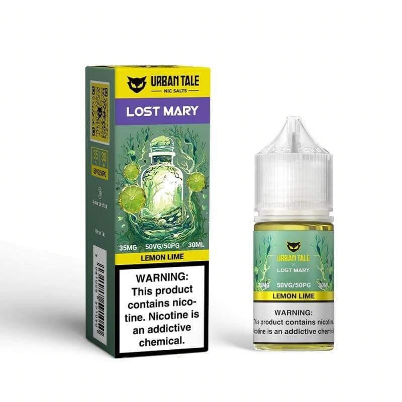 Urban Tale Lost Mary Lemon Lime Salt Nicotine E-liquid in packaging with warning label, 30ml, 35mg nicotine.