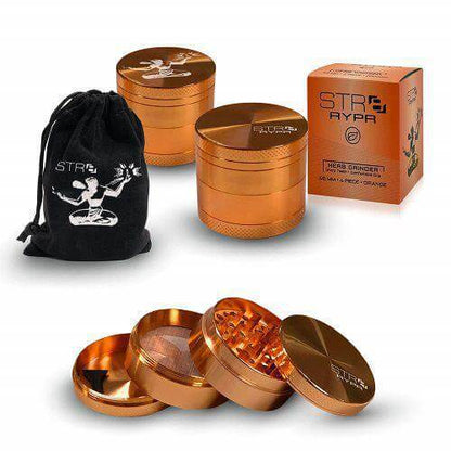 STR8 RYPR 40mm 4-piece herb grinder set with a pouch, showcasing sharp teeth and pollen catcher for herbs and spices.