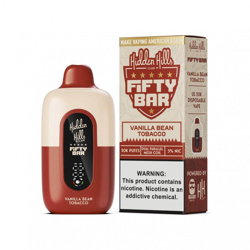 Hidden Hills x Fifty Bar 20K Puff Vanilla Bean Tobacco Disposable Vape with 5% nicotine strength.