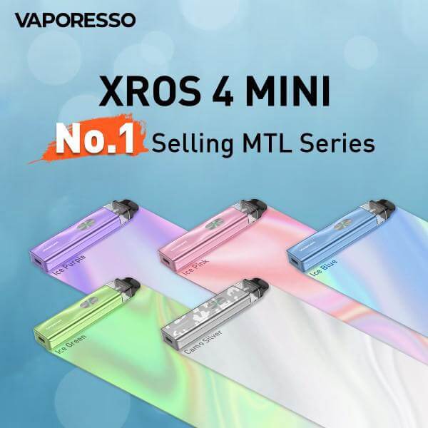 Vaporesso XROS 4 Mini vape devices in various colors with text highlighting No.1 Selling MTL Series.
