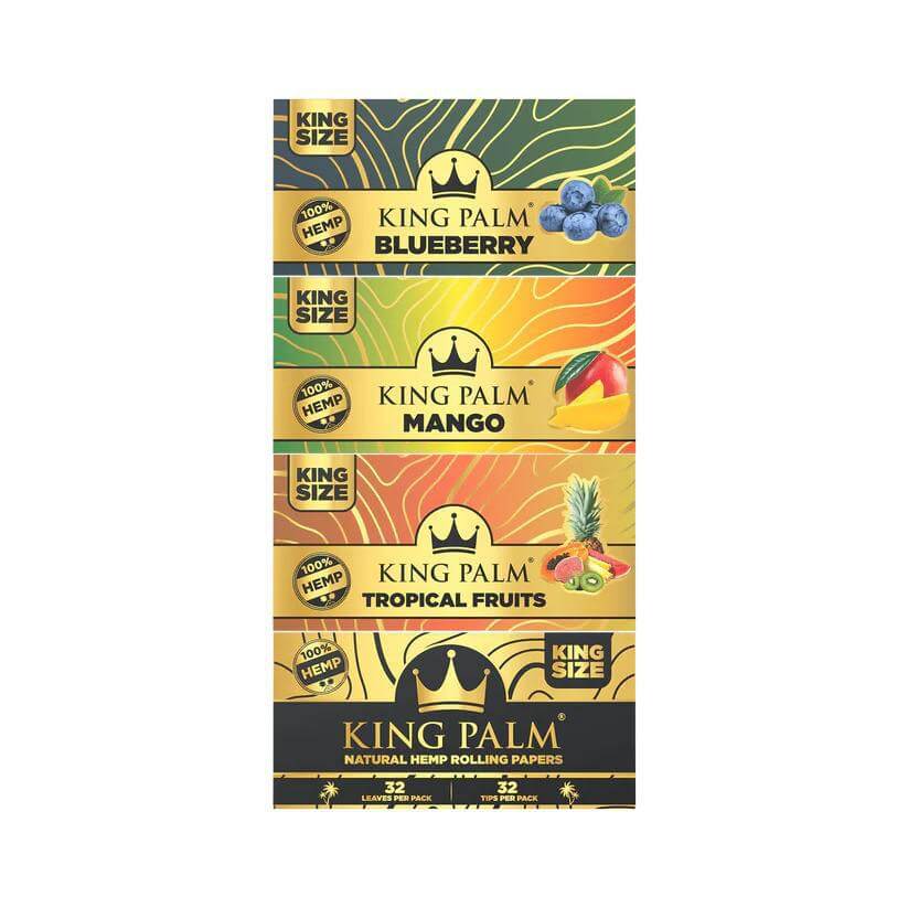 King Palm King Size Flavored Hemp Rolling Papers, Blueberry, Mango, Tropical Fruits, pack of 32.