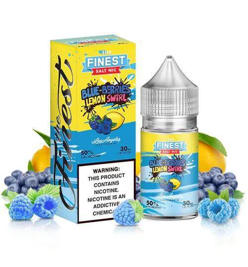 Finest Salt Nicotine 30ml Blue-Berries Lemon Swirl flavor, featuring vibrant packaging and warnings.