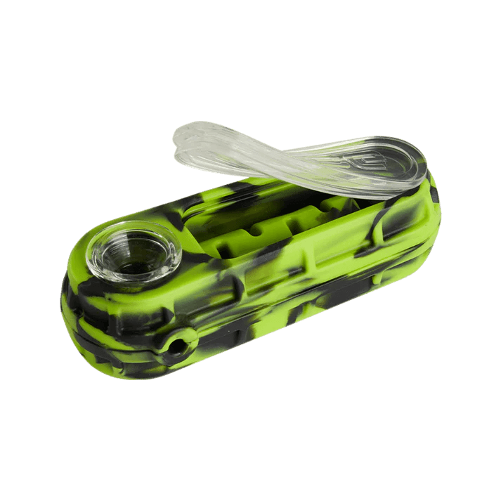 Eyce Molds Glacier silicone spoon pipe in green and black, featuring a split design for easy cleaning and airflow.