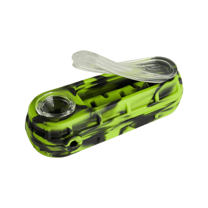 Eyce Molds Glacier silicone spoon pipe in green and black, featuring a split design for easy cleaning and airflow.