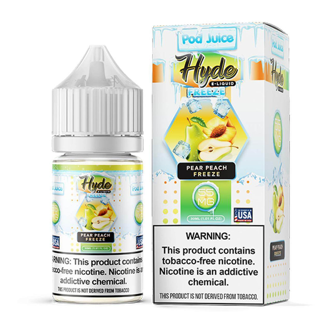 Hyde Pod Juice Pear Peach Freeze e-liquid bottle and packaging, 100ml, premium vape juice for sub-ohm tanks.