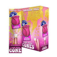 Blunts N Roses Rose Petal Cones with glass filter tip, tobacco-free packaging featuring a vibrant rose design.