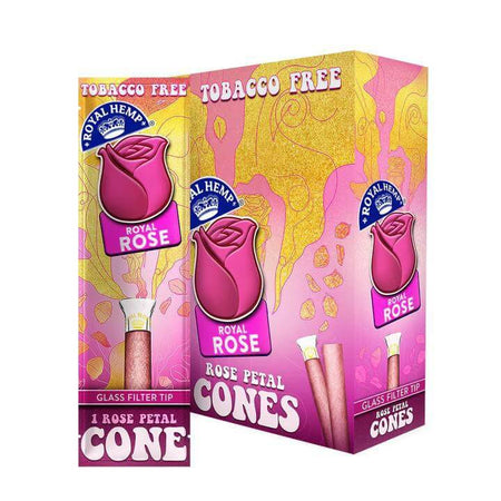 Blunts N Roses Rose Petal Cones with glass filter tip, tobacco-free packaging featuring a vibrant rose design.