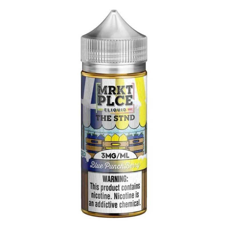 MRKT Place Blue Punch Berry 100ml eJuice bottle, featuring vibrant label and 3mg/ml nicotine warning.