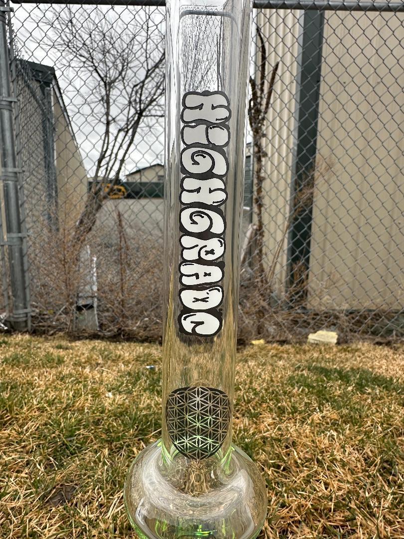 HighGrade Glass Flower Straight Tube - Sacred Geometry Bake On w/ Colored Accents 14mm 45°