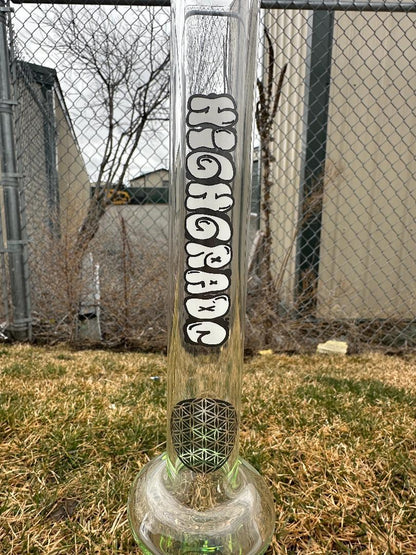 HighGrade Glass Flower Straight Tube - Sacred Geometry Bake On w/ Colored Accents 14mm 45°